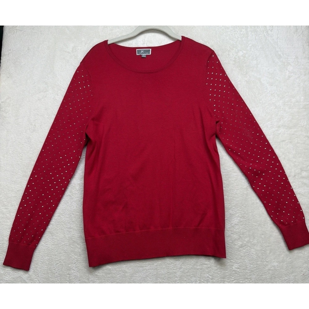 JM Collection Women's Sweater S Red Rhinestone Crewneck Knit Pullover Holiday